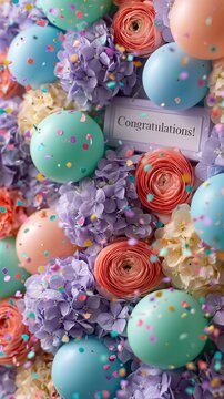 Bunte Luftballons und Blumen umrahmen ein Schild mit der Aufschrift &bdquo;Congratulations!" auf einem festlichen Hintergrund