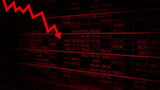 Declining investment index, display of red electronic board showing stock market quotes with downtrend graph indicating financial recession, economic crisis