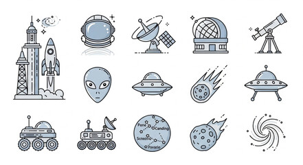 Space Exploration Icons Rocket Alien UFO Telescope Rover. © Box