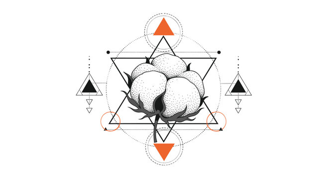 Artistic depiction of a soft cotton boll framed by intricate black and orange geometric patterns and sacred geometry symbols.