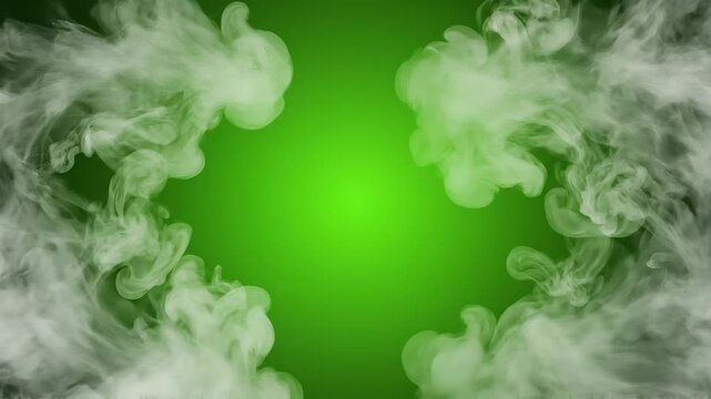 Abstract green background with swirling smoke wisps creating a symmetrical pattern with a central bright spot and copy space