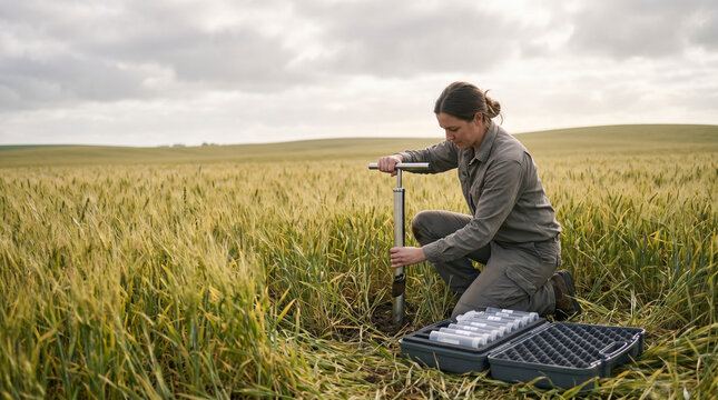 No-till soil biology sampling session on a certified organic grain farm, a single researcher extracting cores from undisturbed topsoil with a manual auger, sealed sample tubes laid in a foam case be