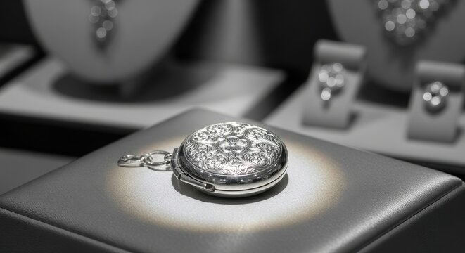 An intricately detailed antique silver locket with floral engraving displayed on a surface