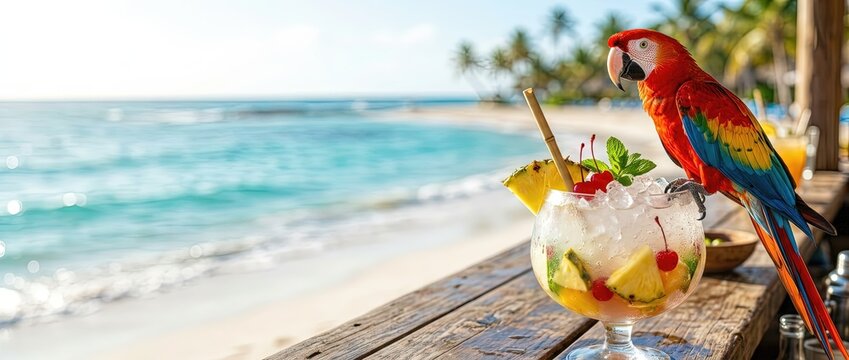 Tropical cocktail delight featuring a colorful parrot on a beach bar paradise island drink photography sunny shoreline vibrant colors exotic vibes