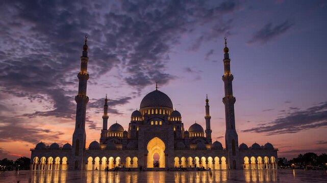 Sheikh zayed grand mosque in abu dhabi at sunset, united arab emirates