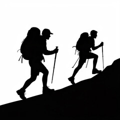 Naklejka premium Silhouettes of two hikers climbing a mountain isolated on transparent background