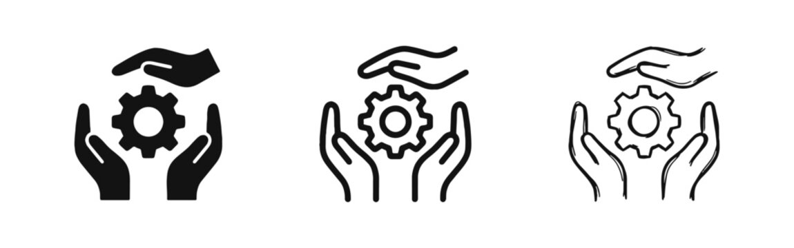 Hands holding gear icon set, technical support and maintenance concept