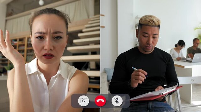 Students express various feelings while talking online. One student seems stressed while another appears focused. Their interaction highlights the challenges of remote learning.