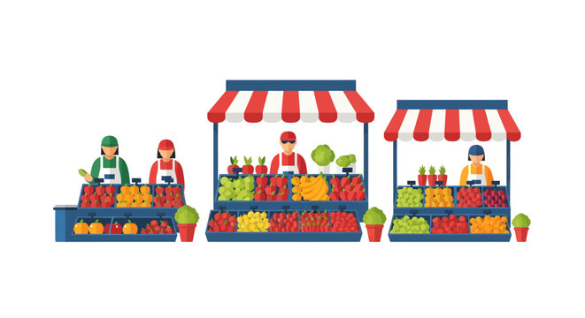 Colorful illustration of people selling fruits and vegetables at market stalls