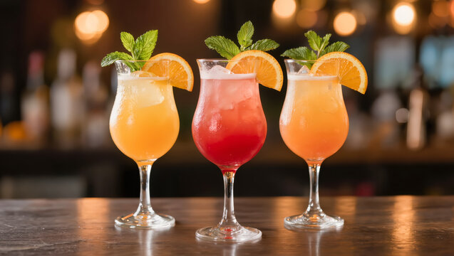Three colorful cocktails with orange slices and mint in elegant glasses on bar counter with warm bokeh lights in background