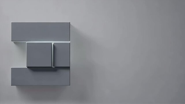 Geometric gray rectangular shapes shift and illuminate sequentially in this minimalist motion video clip featuring clean architectural lines moving gracefully against a smooth solid neutral backdrop