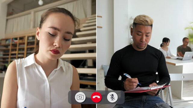 In this split screen call, one student takes notes and shows focus while the other reflects and thinks. Both are part of an online class during the day.