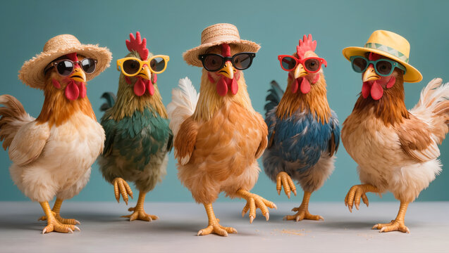 Group of chickens wearing sunglasses and hats posing together, humorous animal concept with colorful style and playful attitude