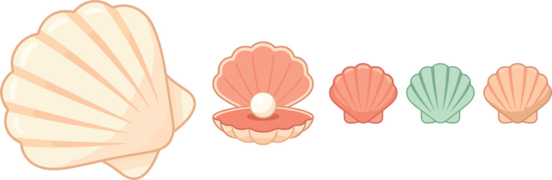 Assorted Seashells with a Pearl in an Open Shell on a White Background