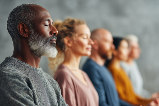 Inner Peace Collective: A diverse group of individuals meditate, finding inner peace and tranquility. Capturing the serenity and mindfulness of a shared practice.