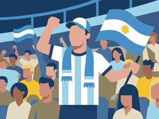 Argentinian soccer fans celebrating with flags in a stadium, flat vector illustration © ObStock
