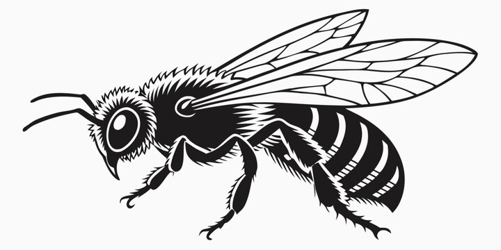 Detailed honey bee close-up vector illustration stylized black and white insect graphic with pollinator antennae detailed illustration monochrome close-up creature environment springtime