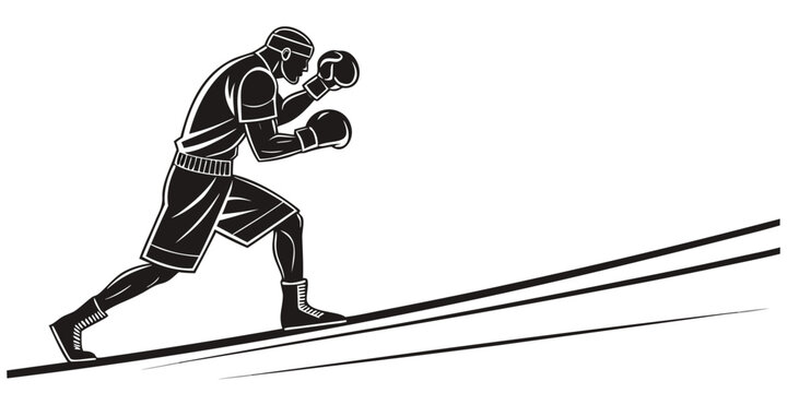 Boxer in a ready fighting stance moving forward in the ring graphic black and white illustration of combat sport martial arts exercise competition strength training illustration silhouette