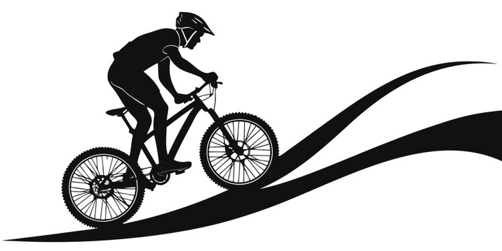 Mountain biker performing a wheelie while riding uphill graphic black and white illustration of a dynamic stunt extreme sport active lifestyle bike park activity exercise recreation adventure