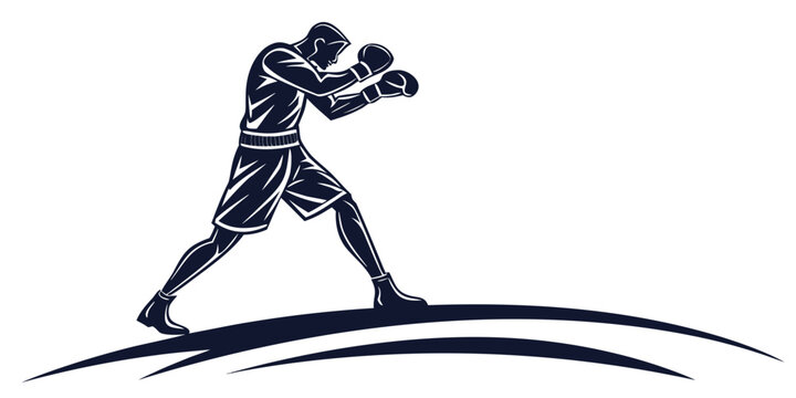 Black silhouette of a male boxer in a punch fighting stance isolated on a white background with silhouette exercise training competition muscular kickboxing champion professional challenge