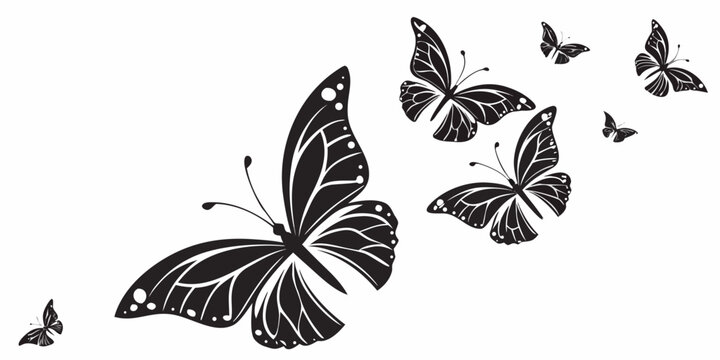 Elegant group of black butterfly silhouettes flying in a cluster isolated on a clean white background with butterfly silhouette decoration wildlife minimalist abstract illustration collection