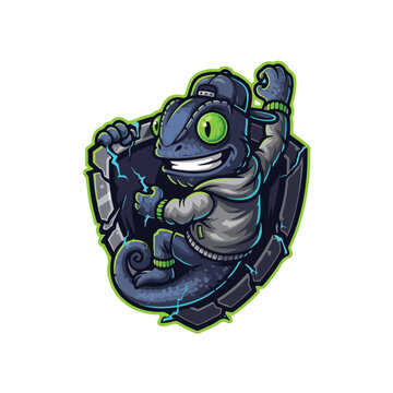 Cartoon Gecko Surfer Climbing Breakable Board