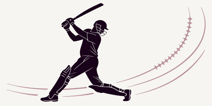Monochrome vector illustration of a cricket batsman making contact with the ball trajectory with a dotted line in a strong batting pose cricket player cricket bat cricket game line art