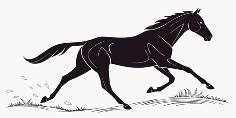 Black silhouette of a running horse with a flowing mane and tail kicking up dust and grass on a white background silhouette graceful athletic movement galloping creature livestock countryside © Aaaa