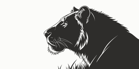 Silhouette of a lioness head in profile detailed mane and grass big cat flat design element graphic resource black and white wildlife predator silhouette illustration strength © Aaaa