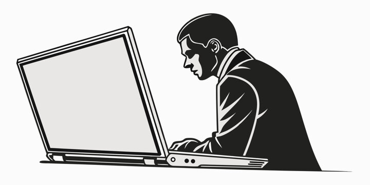Professional man working on laptop computer in profile view vector illustration with remote work data entry computer business professional technology computing communication illustration