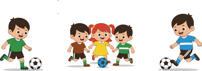 Naklejka premium Cute Cartoon Kids Playing Soccer Football Set with Boys and Girls Kicking Ball and Teamwork for Sports and Children Themed Designs