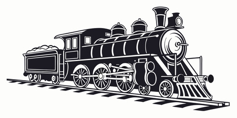 Old steam locomotive with coal tender on railroad tracks stylized black and white graphic steam train locomotive railroad transportation historic illustration silhouette monochrome machinery © Aaaa