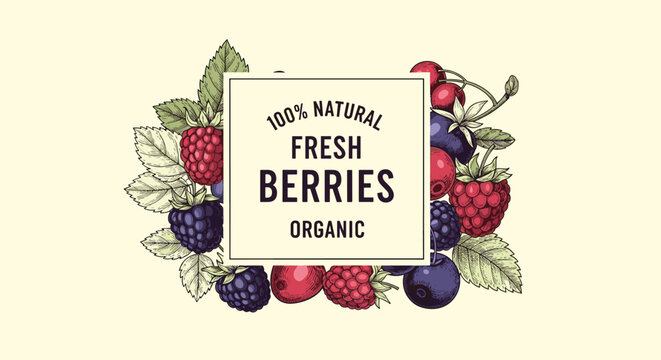 Decorative vintage frame surrounded by hand drawn raspberries, blackberries, and blueberries with a 100 percent natural fresh berries label.