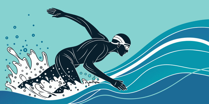 Swimmer performing freestyle stroke in stylized blue water with butterfly stroke swimming freestyle competition athletic lifestyle exercise recreation training champion strength performance