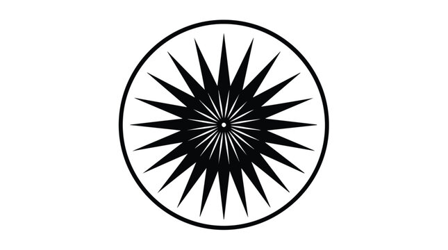 Bold black starburst pattern with sharp radiating rays exploding from center inside circular frame
