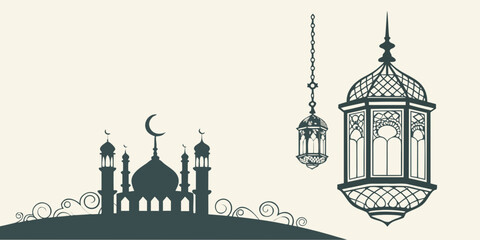 Islamic mosque silhouette with minarets dome ornate fanoos lanterns with crescent moon symbol religious building holy month middle east crescent celebration illustration silhouette © Aaaa