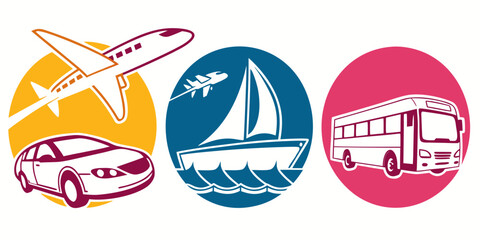 Stylized icons of transportation modes: car airplane sailboat bus within colorful circles with design element air travel road travel sea travel passenger bus transportation vehicles airplane © Aaaa