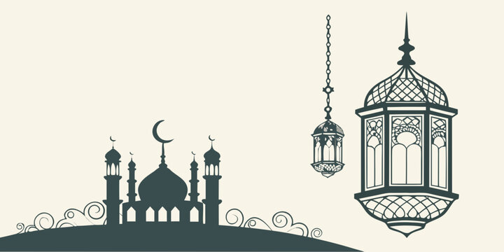 Islamic mosque silhouette with minarets dome ornate fanoos lanterns with crescent moon symbol religious building holy month middle east crescent celebration illustration silhouette