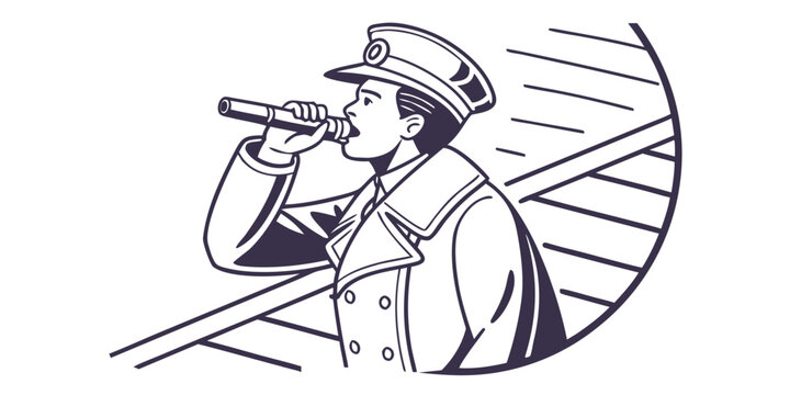 Vintage style line art illustration of a train conductor in uniform blowing a whistle or horn for railway signal with conductor professional authority illustration transport transportation