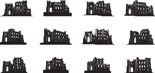 Naklejka premium Castle ruin silhouette collection, intricate architectural details, perspective is a side view vector flat illustration.