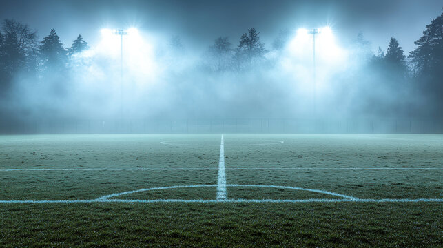 Foggy illuminated soccer field at night with bright floodlights and white field markings on green grass