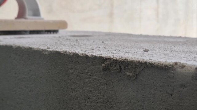 Slow motion low angle shot of a hand rasp scraping a porous concrete wall with white dust falling.