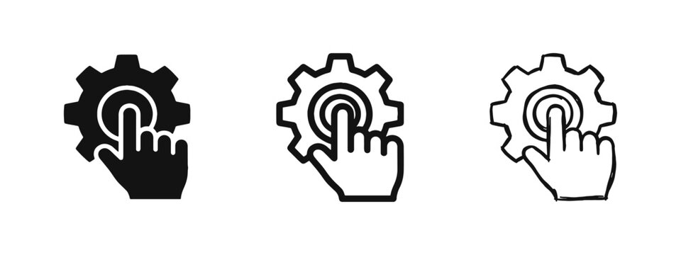 Settings control icon set, hand clicking gear illustration in solid, outline and hand-drawn styles