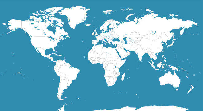 High resolution world map outline in white showing all continental boundaries and national borders on a solid blue water background.