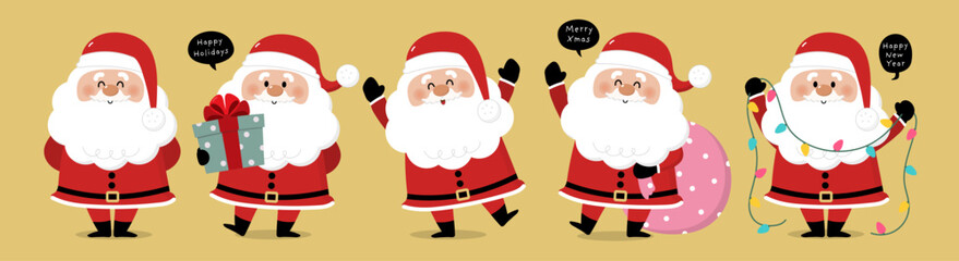 Naklejka premium Merry Christmas and happy new year greeting card with cute Santa Claus collection. Holiday cartoon characters set. -Vector