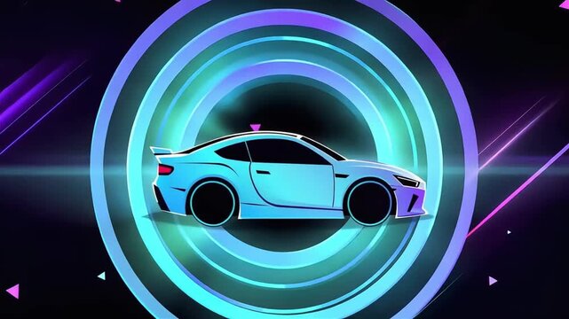 Sporty blue car accelerating through vibrant glowing rings in this high quality 2d digital animation video clip showcasing smooth motion graphics and dynamic neon light effects