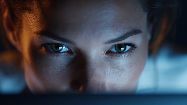 Extreme Nahaufnahme der Augen einer Frau mit intensivem Blick in bl&auml;ulichem Bildschirmlicht
