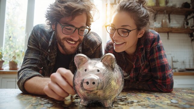 Happy Couple Saving Money in Piggy Bank