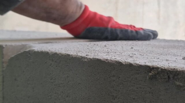 Low angle close-up of a worker using a hand rasp tool to sand and level a porous concrete block surface.