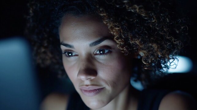 Nahaufnahme einer jungen Frau mit lockigem Haar, die konzentriert in einen Bildschirm schaut, beleuchtet von blauem Licht
